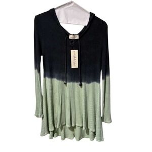 Abree Womens Waffle Knit Hooded Tunic Top Ombre Dip Dye Lace Up Green Navy M